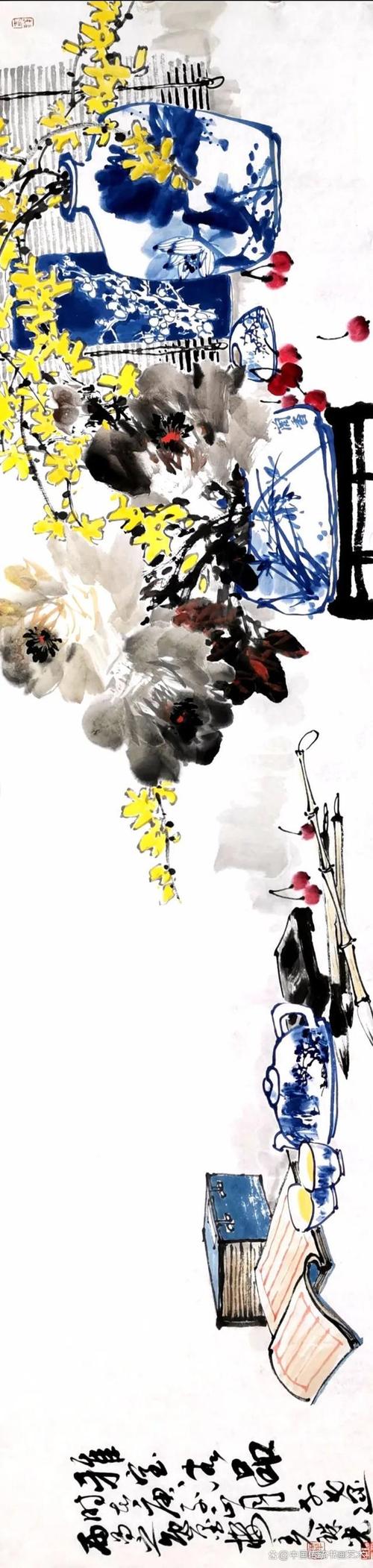 フリーハンドの花と鳥の作品_フリーワークの絵画フリーハンドフラワーズと鳥